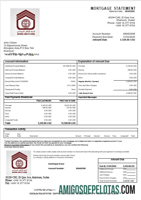 Extrato de hipoteca do Banco Nacional do Sudão em formatos Word e PDF modelo